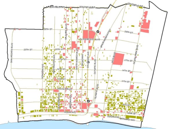 A map from the Section 9212 report (fig. 4, page 26) showing all the buildings (residential in green, commercial in pink) in Santa Monica that would have required voter approval if LUVE had been in effect when they were built.